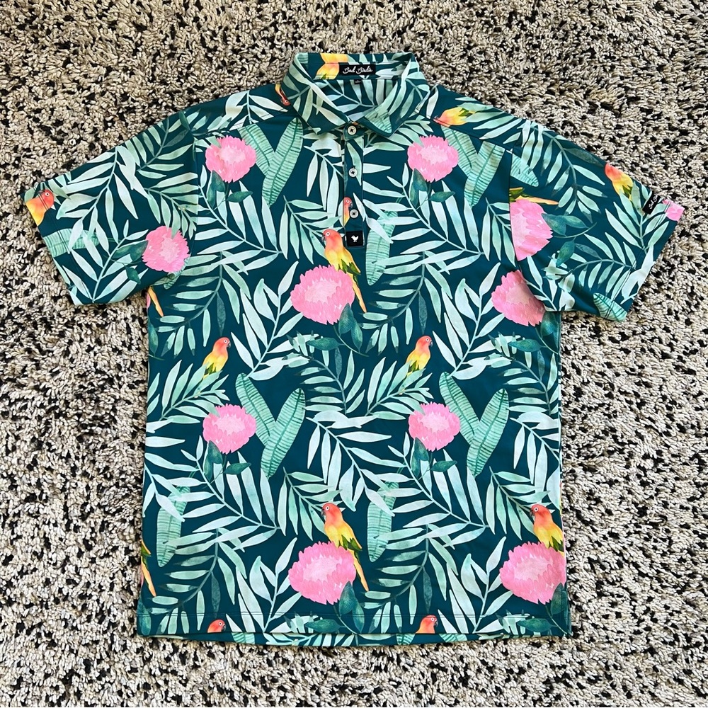 Bad Birdie Golf Polo Shirt Tropical Parrot Print Short Sleeve Stretch Mens Large